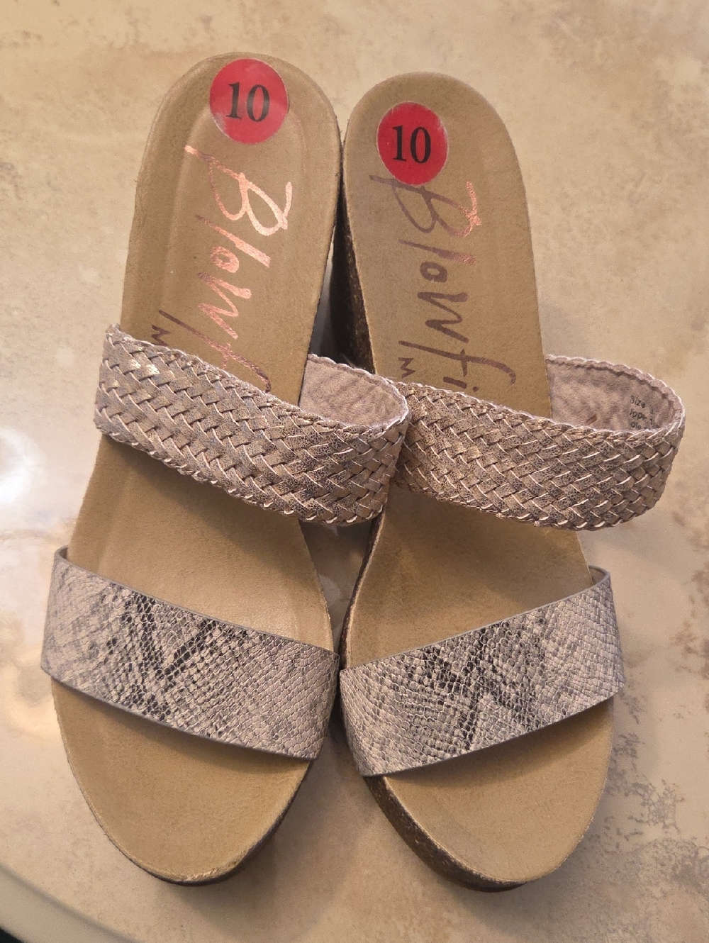 Blowfish Beige Taupe Wedge Slide Sandals with Braided Straps